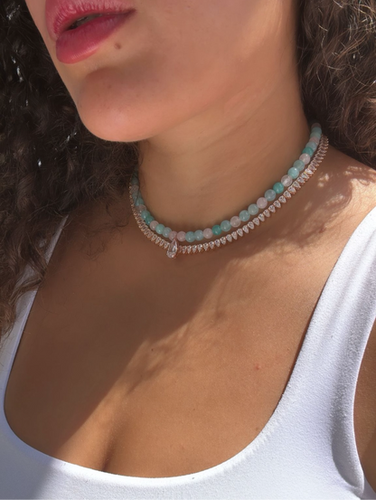 שרשרת רוז גולד פנינה משובצת זרקונים