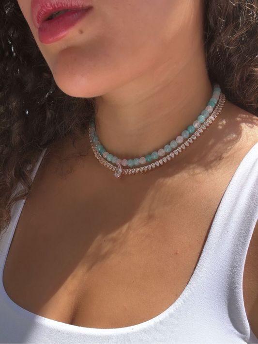 שרשרת רוז גולד פנינה משובצת זרקונים